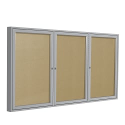 Ghent 3 Door Enclosed Vinyl Bulletin Board, Satin Aluminum Frame, 48"H x 72"W, Caramel
