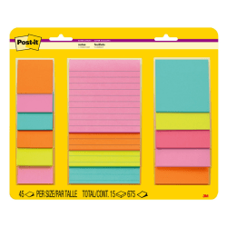 Post-it Notes Super Sticky Notes, 225 Total Notes, Pack Of 5 Pads, Assorted Sizes, Supernova Neons Collection, 45 Sheets Per Pad