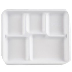 Huhtamaki Heavy-Duty 5-Compartment Disposable White Pulp Paper Cafeteria/Cafe Trays for Hot and Cold Foods, 10 1/2" x 8 1/2", Case Of 500