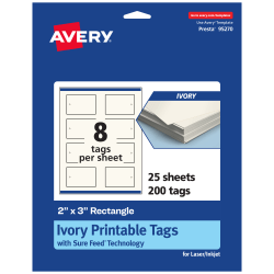 Avery® Printable Tags With Sure Feed® Technology, 95270-MIT25, Rectangle, 2" x 3", Matte Ivory, Pack Of 200