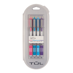 TUL® GL Series Retractable Gel Pens, Needle Point, 0.5 mm, Silver Barrel, Assorted Ink, Pack Of 4 Pens