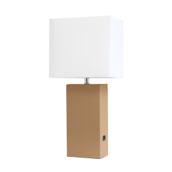 Elegant Designs Modern Leather/Fabric Desk Lamp With USB Port, 21"H, White Shade/Beige Base