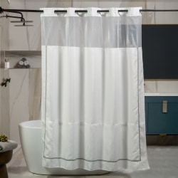 23 Threads, Shower Curtain, Embroidered GRS Polyester, Hook-Free, With Window & Short Liner, White/Taupe, 71" x 74", Case Of 12 Curtains
