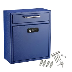 Alpine AdirOffice Medium Drop Box Wall Mounted Locking Mail Box With Key And Combination Lock, 12"H x 10-9/16"W x 4-3/4"D, Blue