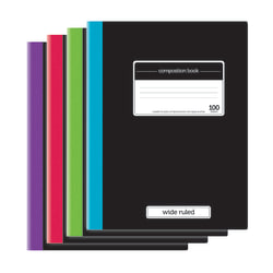 Office Depot® Brand Fashion Composition Books, 7 1/2" x 9 3/4", Wide Ruled, Solid Black, Assorted Spine Colors