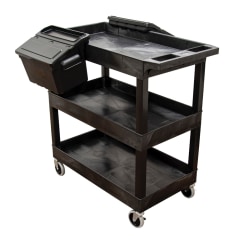 Luxor E-Series 3-Tub Plastic Utility Cart, With Outrigger Accessory Bins, 36-1/4"H x 24"W x 18"D, Black
