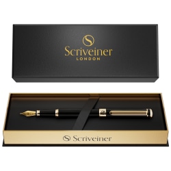 Scriveiner Classic Fountain Pen, Medium Point, 0.7 mm, Black/Gold Barrel, Black/Blue Ink