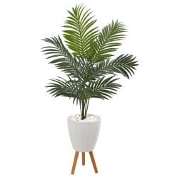 Nearly Natural Kentia Palm 54"H Artificial Plant With Planter, 54"H x 28"W x 25"D, Green/White