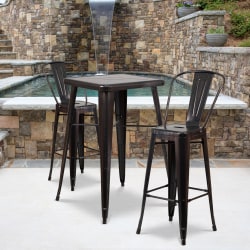 Flash Furniture Square Metal Bar Table Set With 2 Stools, 40"H x 27-3/4"W x 27-3/4"D, Black/Antique Gold