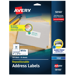 Avery® Repositionable Address Labels, 58160, Rectangle, 1" x 2-5/8", White, Pack Of 750