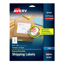 Avery® Repositionable Inkjet Shipping Labels, 3 1/3" x 4", White, Pack Of 150, 58164, 3 1/3" x 4", White, Pack Of 150