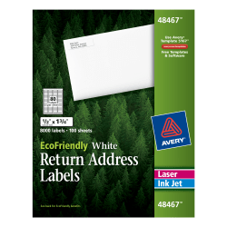 Avery® Easy Peel® EcoFriendly Permanent Inkjet/Laser Return Address Labels, 48467, 1/2" x 1 3/4", 100% Recycled, White, Pack Of 8,000