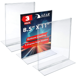 Azar Displays Flexible Plastic Vertical Sign Holders, 8-1/2" x 11", Clear, Pack of 3 Holders