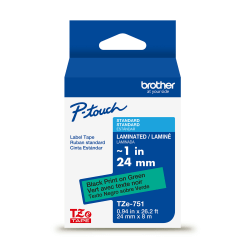 Brother P-Touch TZe751, Laminated, ~1in x 26.2ft (24mm x 8m), Black on Green Label Tape