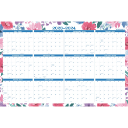2023-2024 AT-A-GLANCE® BADGE Erasable Reversible Academic/Regular Year Wall Calendar, 24" x 36", Floral, January to December 2024/July 2023 to June 2024, 1664F-550SB