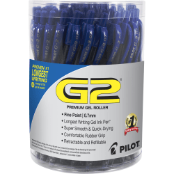 Pilot G2 Retractable Gel Pen, Fine Point, 0.7mm, Clear Barrels, Blue Ink, Tub Of 36 Pens