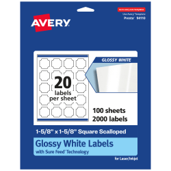 Avery® Glossy Permanent Labels With Sure Feed®, 94110-WGP100, Square Scalloped, 1-5/8" x 1-5/8", White, Pack Of 2,000