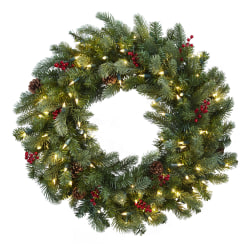 Nearly Natural 30"H Lighted Pine Wreath With Berries And Pine Cones, 30" x 3", Green
