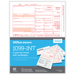 Office Depot® 1099-INT Laser Tax Forms With Envelopes, 4-Part, 2-Up, 8-1/2" x 11", Pack Of 10 Form Sets