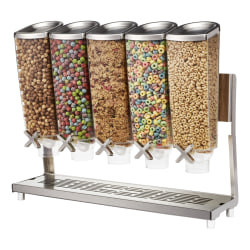Rosseto Serving Solutions EZ-PRO™ Dry Food Dispenser, 5-Container, Cereal, Tabletop Stand With Catch Tray, 640 Oz, Clear/Stainless