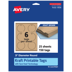 Avery® Printable Tags With Sure Feed® Technology, Print-To-The-Edge, 3", Kraft Brown, Pack Of 150