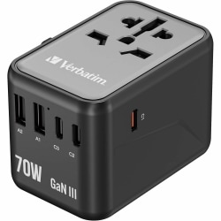 Verbatim UTA-09 Gan III Universal Travel Adapter 70W - USB-C, USB-A - 70 W - 120 V AC, 230 V AC Input
