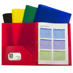 C-Line 2-Pocket Poly Portfolio Folders With Prongs, 8-1/2" x 11", Assorted Colors, Pack Of 10 Folders