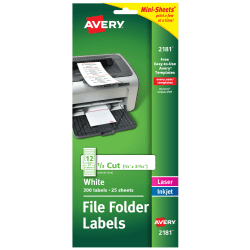 Avery® Mini-Sheets File Folder Labels, 2181, Rectangle, 2/3" x 3-7/16", White, Pack Of 300