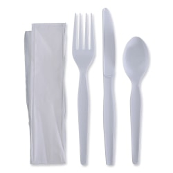 Boardwalk® 4-Piece Cutlery Kits, Fork/Knife/Napkin/Teaspoon, 7-1/2"L, White, Carton Of 250 Kits
