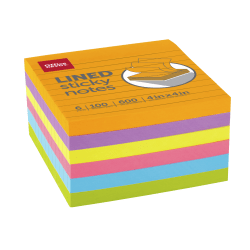 Office Depot® Brand Lined Sticky Notes, 4" x 4", Assorted Vivid Colors, 100 Sheets Per Pad, Pack Of 6 Pads