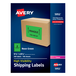 Avery® High-Visibility Permanent Shipping Labels, 5952, 5 1/2" x 8 1/2", Neon Green, Pack Of 200