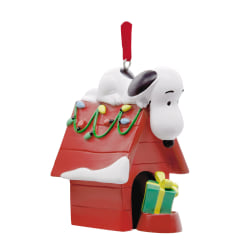 Hallmark Resin Christmas Ornament, 3-1/2" x 2-1/4" x 1/4", Peanuts Snoopy on Holiday Doghouse