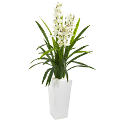 Nearly Natural Cymbidium Orchid 54"H Artificial Plant With Tower Planter, 54"H x 24"W x 24"D, Green/White