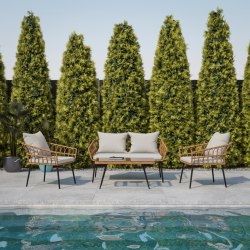 Flash Furniture Evin Boho 4-Piece Indoor/Outdoor Rope Rattan Patio Conversation Set With Tempered Glass Top Coffee Table And Cushions, Gray/Natural