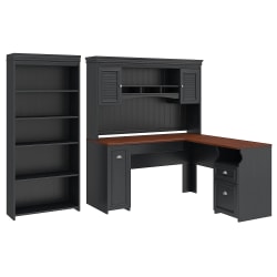 Bush Furniture Fairview 60"W L-Shaped Desk With Hutch And 5-Shelf Bookcase, Antique Black, Standard Delivery