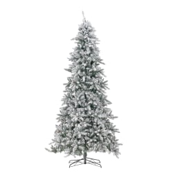 Nearly Natural Flocked Livingston Fir 120"H Artificial Christmas Tree With Pine Cones, LED Lights And Bendable Branches, 120"H x 30"W x 30"D, Green