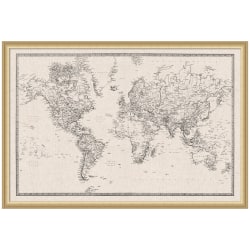 Kate and Laurel Framed Fabric Pinboard, 38 x 26, World Map Pattern, Florence Gold Frame