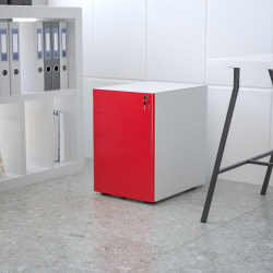 Flash Furniture Modern 21"D Vertical 3-Drawer Mobile Locking File Cabinet, White/Red