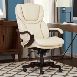 Serta® Big & Tall Bonded Leather High-Back Office Chair With Wood Accents, Inspired Ivory/Espresso