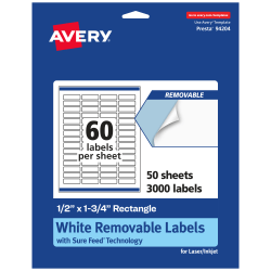 Avery® Removable Labels With Sure Feed®, 94204-RMP50, Rectangle, 1/2" x 1-3/4", White, Pack Of 3,000 Labels