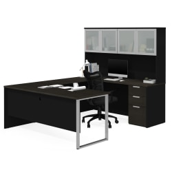 Bestar Pro-Concept Plus 72"W U-Shaped Executive Computer Desk With Pedestal And Frosted Glass Door Hutch, Deep Gray/Black