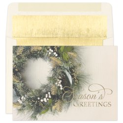 Custom Embellished Holiday Cards And Foil Envelopes, 7-7/8" x 5-5/8", Gorgeous Greenery, Box Of 25 Cards