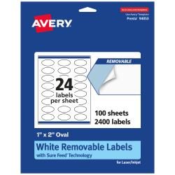 Avery® Removable Labels With Sure Feed®, 94053-RMP100, Oval, 1" x 2", White, Pack Of 2,400 Labels