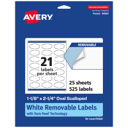 Avery® Removable Labels With Sure Feed®, 94061-RMP25, Oval Scalloped, 1-1/8" x 2-1/4", White, Pack Of 525 Labels