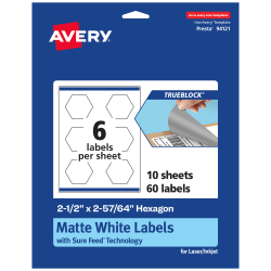 Avery® Print-To-The-Edge TrueBlock® Labels With Sure Feed®, 94121-TWMP10, Hexagon, 2-1/2" x 2-57/64", Matte White, Pack Of 60
