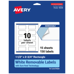 Avery® Removable Labels With Sure Feed®, 94230-RMP15, Rectangle, 1-1/2" x 2-3/4", White, Pack Of 150 Labels