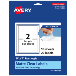 Avery® Permanent Labels With Sure Feed®, 94258-CMF10, Rectangle, 5" x 7", Matte Clear, Pack Of 20