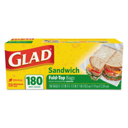 Glad® Fold-Top Sandwich Bags, 6.5" x 5.5", Clear, 180/Box, 12 Boxes/CT