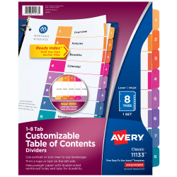 Avery® Ready Index® 1-8 Tab Binder Dividers With Customizable Table Of Contents, 8-1/2" x 11", 8 Tab, White/Multicolor, 1 Set