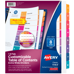 Avery® Extra-Wide Ready Index Dividers With Customizable Table of Contents For 3 Ring Binders, 9-1/4" x 11", 8-Tab, White Paper With Multicolored Tabs, 1 Set